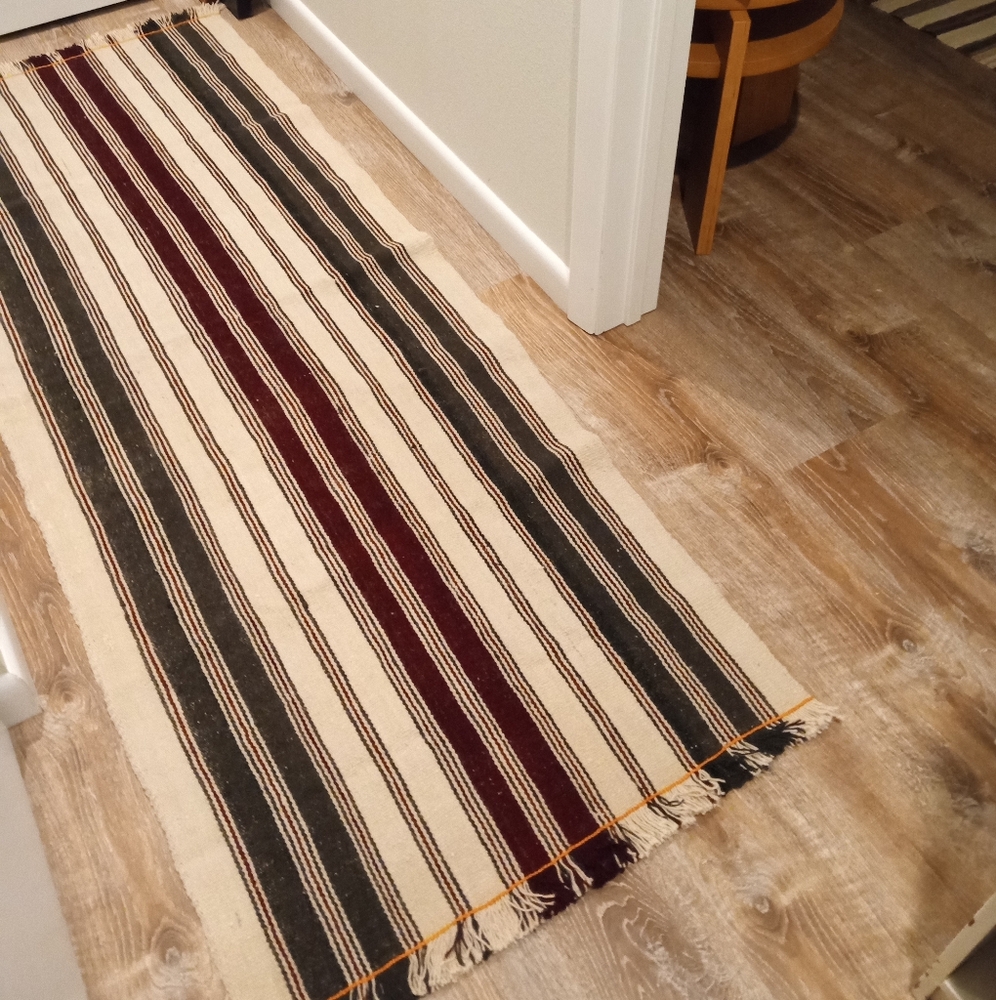 EUC Vintage Turkish Striped Kilim Runner Rug- 2.3 x 6.1 ft, Black/Cream/Red